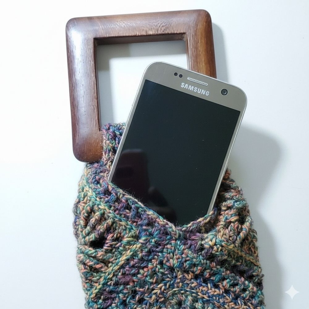 Handmade 4x6" Crochet Bracelet Purse Wood Wool Nylon Flower Boho Phone Fits - Picture 6 of 11